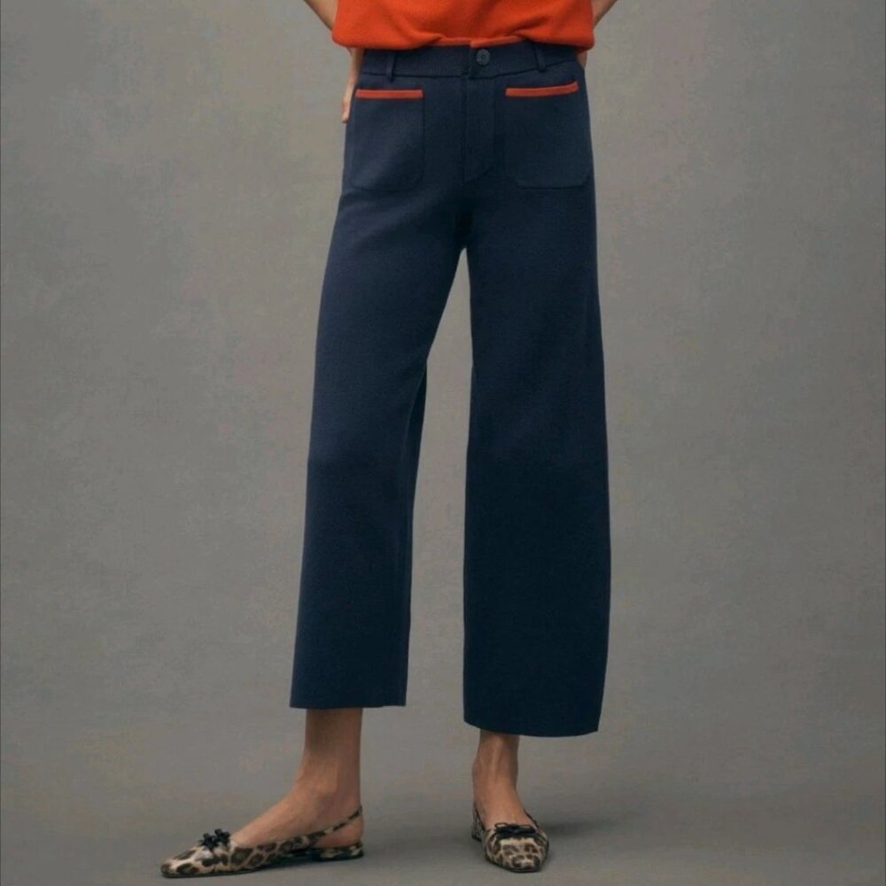 Anthropologie Maeve Colette Crop Wide-Leg Pants Sweater Knit Size XL Navy NWT